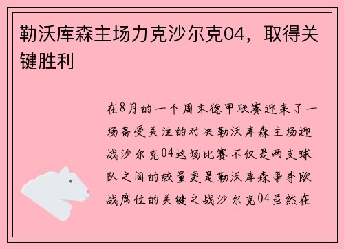 勒沃库森主场力克沙尔克04，取得关键胜利